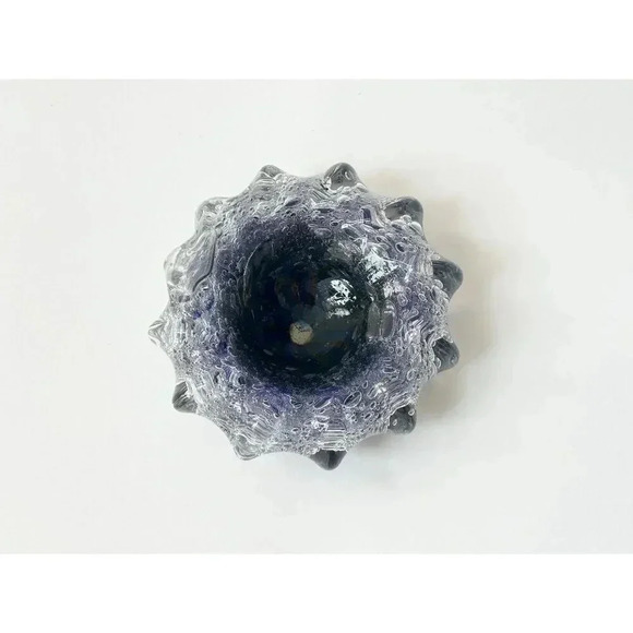MCM Bubble Hand Blown Glass Blue Ruffled Edge Glass Bowl | Catchall Dish - Picture 1 of 6
